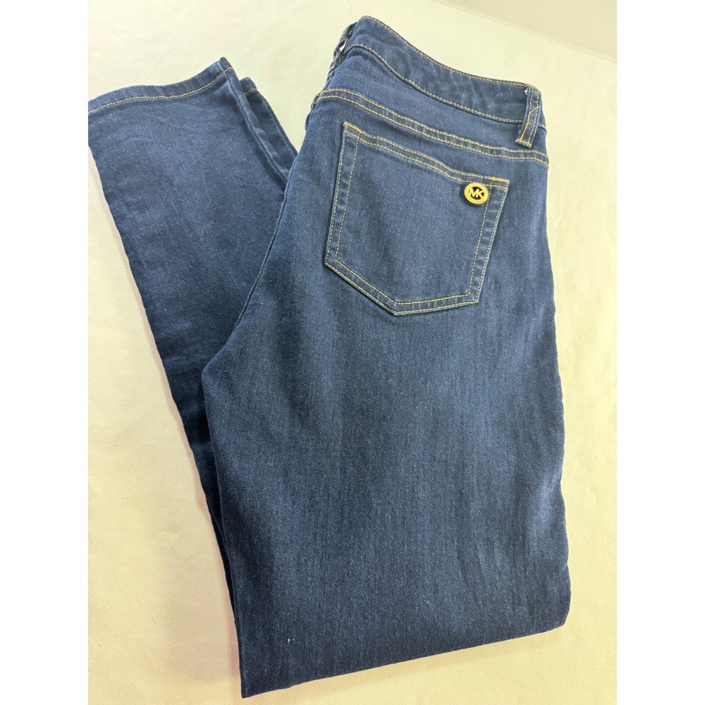 Michael Kors Skinny Jeans Size 8 Dark Wash Blue Denim Gold Zip Accent Pants